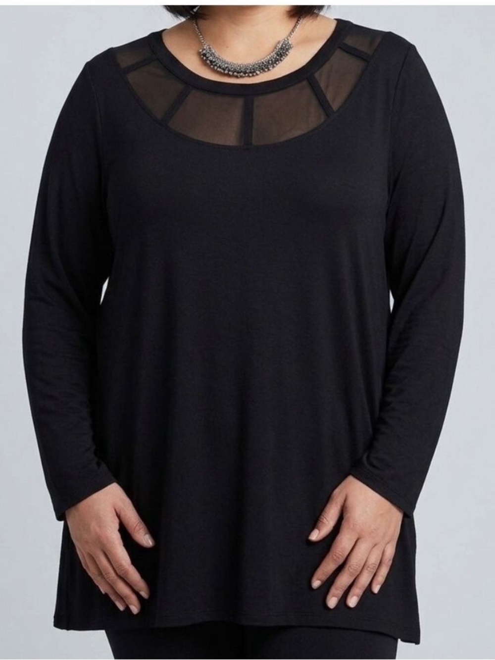 PENNINGTONS Black Stretch Long Sleeve Blouse Mesh Neckline 1X